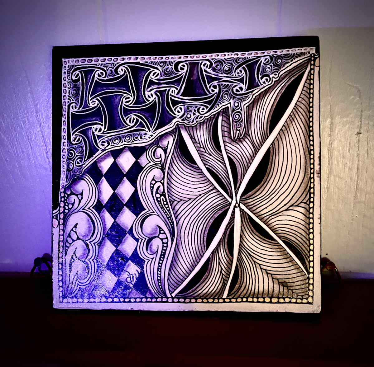 Ink Curtain by Donna Norton  Image: Black, white and gold inks with graphite shading gives the illusion of a curtain above. 