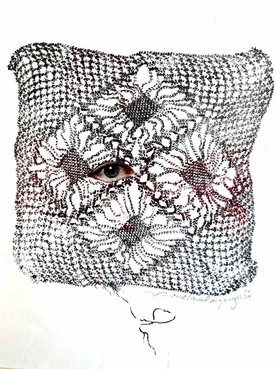 STUDY: ALWAYS WATCHING by ROSALIND NZINGA VAUGHN-NICHOL  Image: STUDY: ALWAYS WATCHING  2024. Monoprint lace and collage on archival paper.
10” H x 8” W  x 1"D
