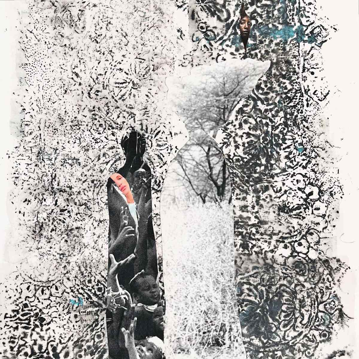 REMINDING PEACE by ROSALIND NZINGA VAUGHN-NICHOL  Image: “Reminding Peace” 2025. Collage over acrylic lace print on archival paper. 20”h x 16”w