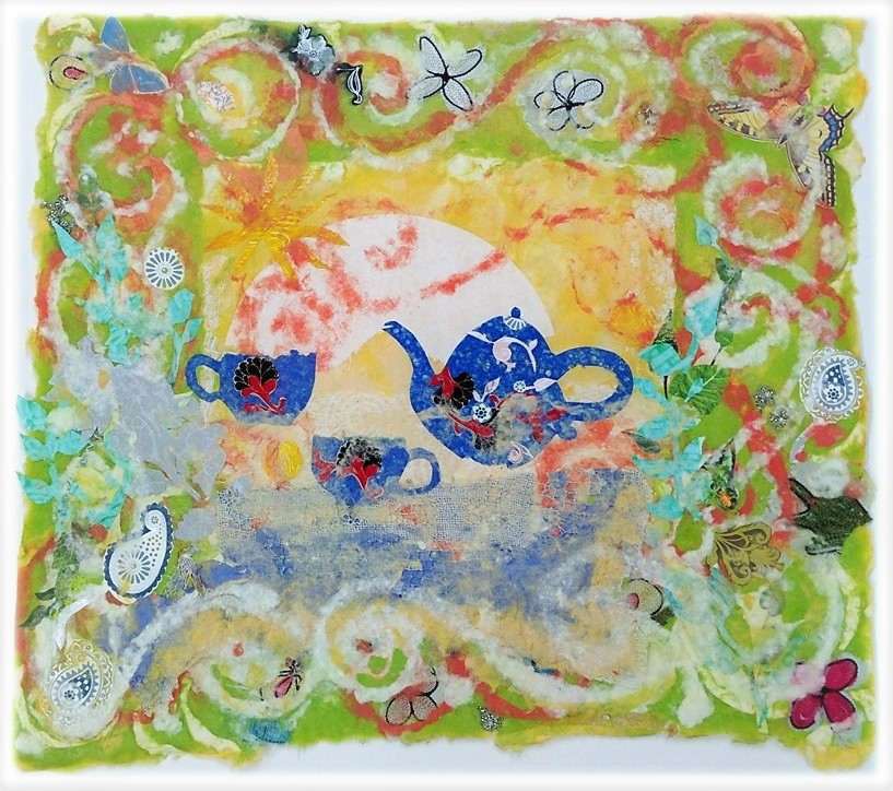 EARLY MORNING TEA by ROSALIND NZINGA VAUGHN-NICHOL  Image: EARLY MORNING TEA" 2013. Mixed media handmade paper pulp painting/collage with inclusions 23” x 29”.