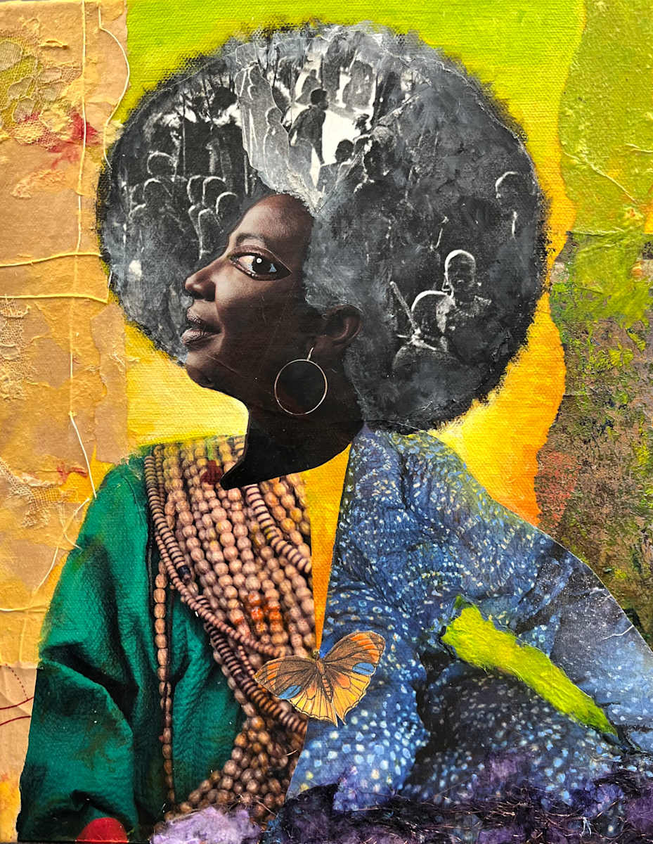 MAMA LISA'S SMILE by ROSALIND NZINGA VAUGHN-NICHOL  Image: “Mama Lisa’s Smile” 2024.
14” h x 11” w x 1.5 
Mixed media, acrylic painting with collage and handmade papers on canvas