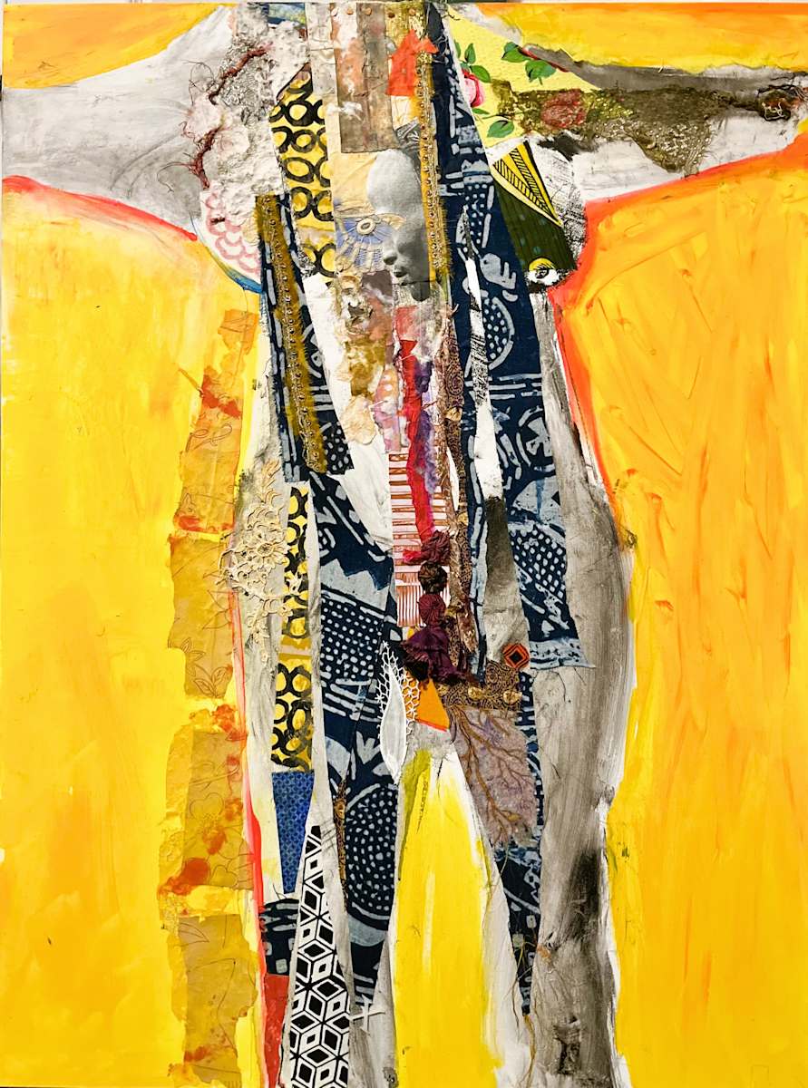 1969 AMERICAN LUKASA by ROSALIND NZINGA VAUGHN-NICHOL  Image: “1969 American Lukasa ( Memory Board)” 2024. My body monoprint on canvas. Mixed media painting with collage textiles and handmade papers. 40”h x 30”w x 1.5”d.