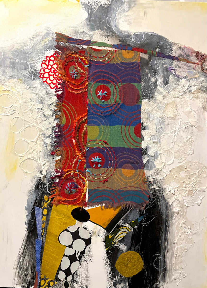 1619 AMERICAN LUKASA by ROSALIND NZINGA VAUGHN-NICHOL  Image: “1619 American Lukasa ( Memory Board)” 2024. My body monoprint on canvas. Mixed media painting with collage textiles and handmade papers. 40”h x 30”w x 1.5”d.