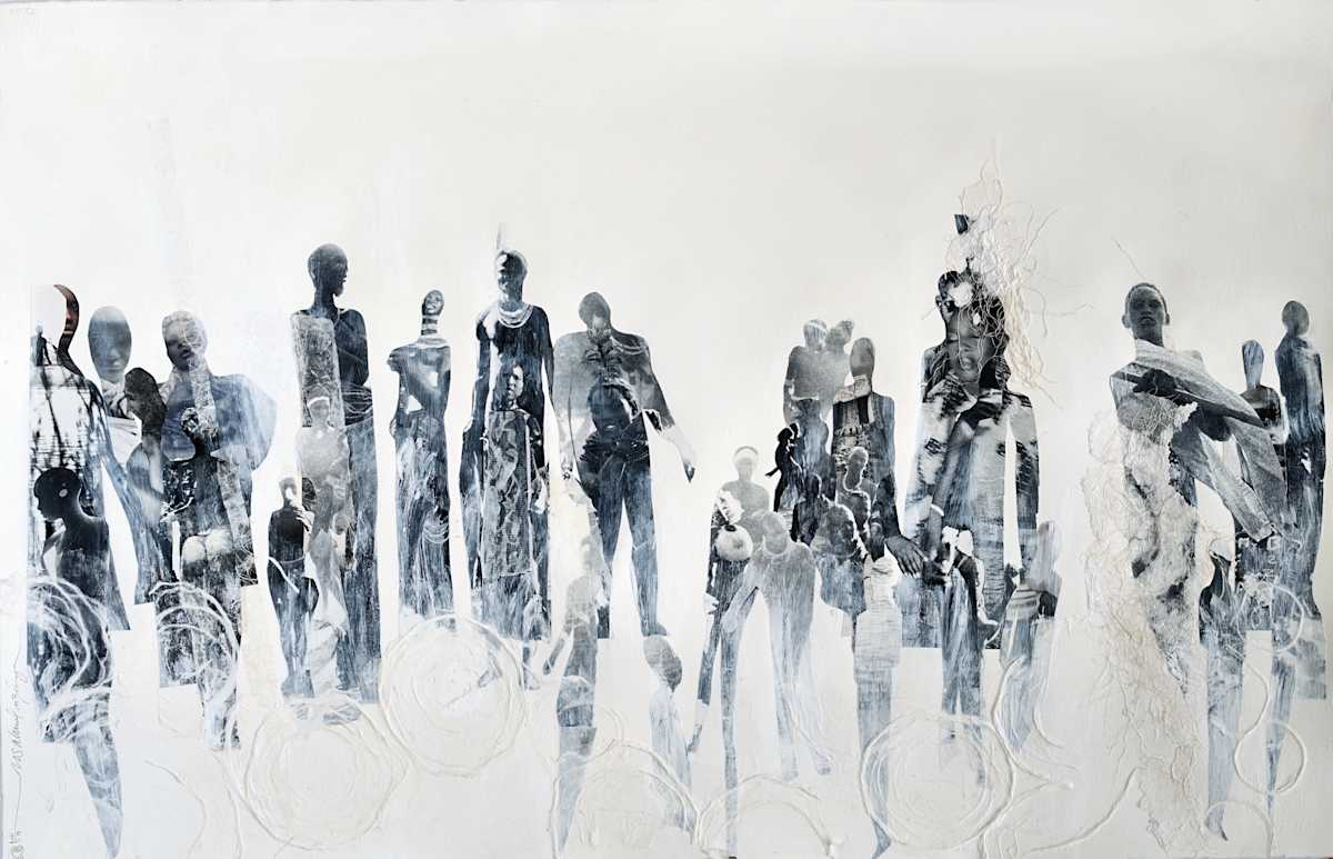SO GREAT A CLOUD OF WITNESSES (Heb12:1-2) by ROSALIND NZINGA VAUGHN-NICHOL  Image: “So Great A Cloud of Witnesses (Heb12:1-2)” 2021. Collage acrylic, handmade papers, on archival paper. 26” H x 40” W.