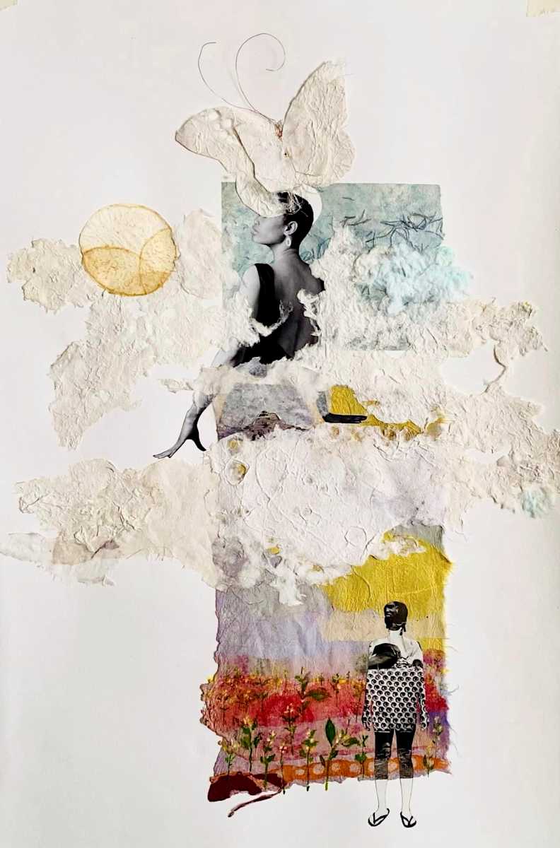 CARVER'S FIELD OF DREAMS by ROSALIND NZINGA VAUGHN-NICHOL  Image: “Carver’s Field of Dreams” 2021.
26” H x 18” W, Mixed media handmade papers collage and watercolor on archival paper.