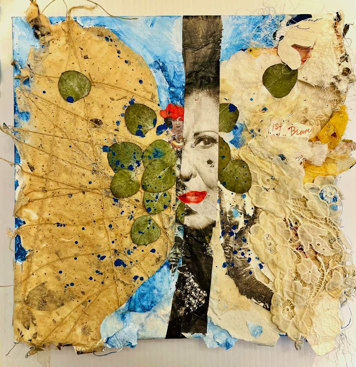NONA 2025 by ROSALIND NZINGA VAUGHN-NICHOL  Image: NONA 2025. Mixed media collage, with textiles, threads, plants, and handmade paper with acrylic on stretched canvas. 12"H  x 12" W x 1.5" D