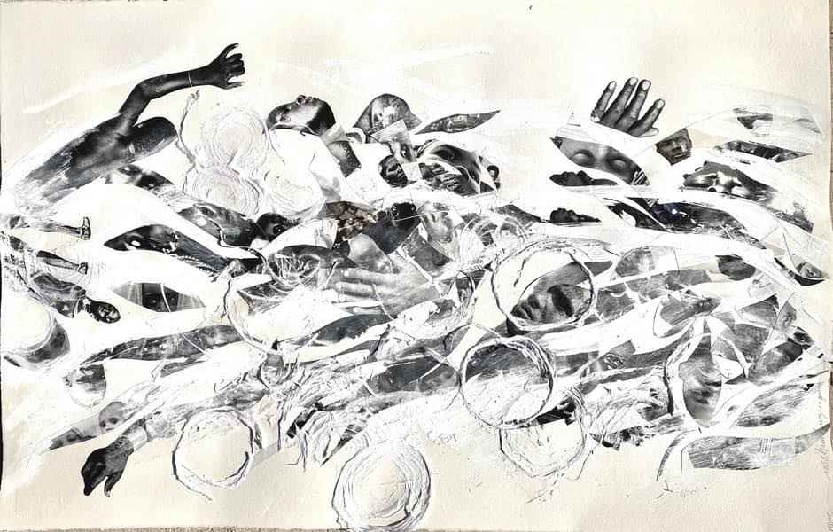 TRANSATLANTIC CROSSING (Middle Passage) by ROSALIND NZINGA VAUGHN-NICHOL  Image: “Transatlantic Crossing (Middle Passage)” 2021 Collage acrylic, and handmade papers, on archival ￼paper. 26” H x 40”W.