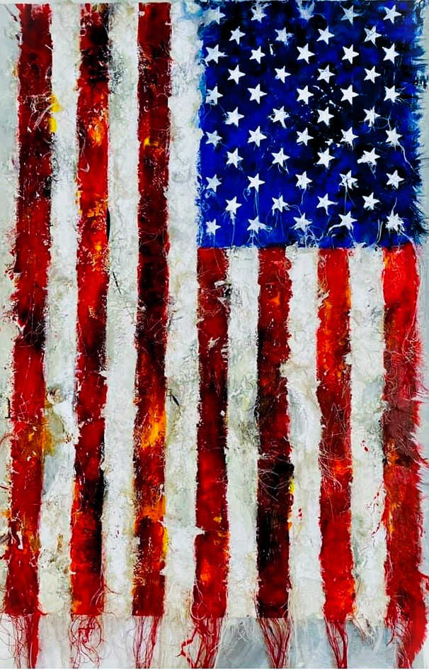 STILL HERE” 2021 by ROSALIND NZINGA VAUGHN-NICHOL  Image: “STILL HERE” 2021. Mixed media acrylic painting with textiles and handmade paper. 
40” H x 30” W x 2”D.