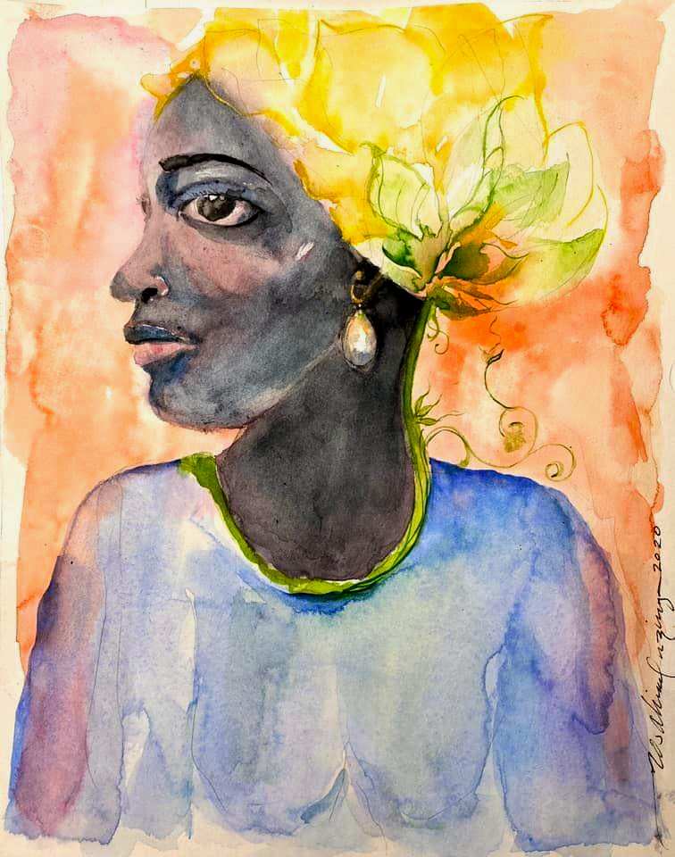 IN MY SECRET GARDEN  (I AM collective memory, yet I blossom) by ROSALIND NZINGA VAUGHN-NICHOL  Image: “In My Secret Garden” (I AM collective memory, yet I blossom) 2020. Watercolor study on archival hot-press watercolor paper. 10" H x 8"W