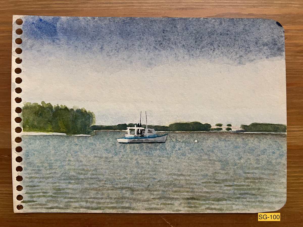 The fishing boat Christy Stewart at anchor, Sebastian, Florida by Spence Guerin  Image: John Stewart named his 34-ft boat 'Christy Stewart' after his wife and had the lettering 'painted professionally' on the stern. Anchored here in the Indian River Lagoon at Sebastian, Florida. For ten years 1975-1985, John fished for King Mackerel in a fleet of 'about 100 boats.' John 'rigged up a 12-mile longline' -- 12 miles long! -- in the early 80s and for three years drift-fished the Christy Stewart at night in the Gulf Stream to catch swordfish which went to the New York City market. 
