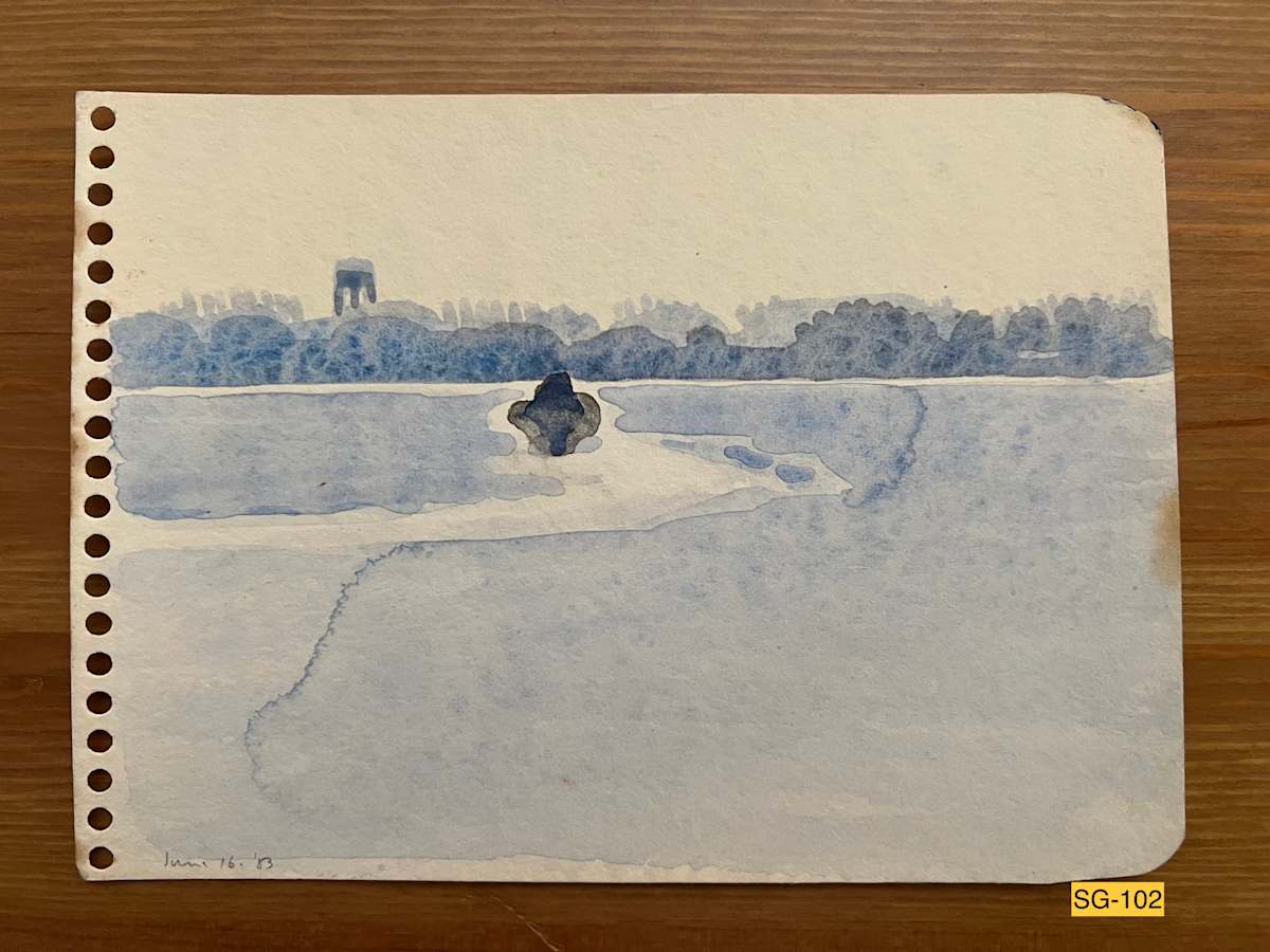 Motorboat, Indian River Lagoon, Melbourne, Florida by Spence Guerin  Image: A motorboat speeds across the Indian River Lagoon, eastward towards Indialantic and Melbourne Beach. Landmark water tower in south Indialantic, built in the 1920s, rises above the trees on the horizon at left.