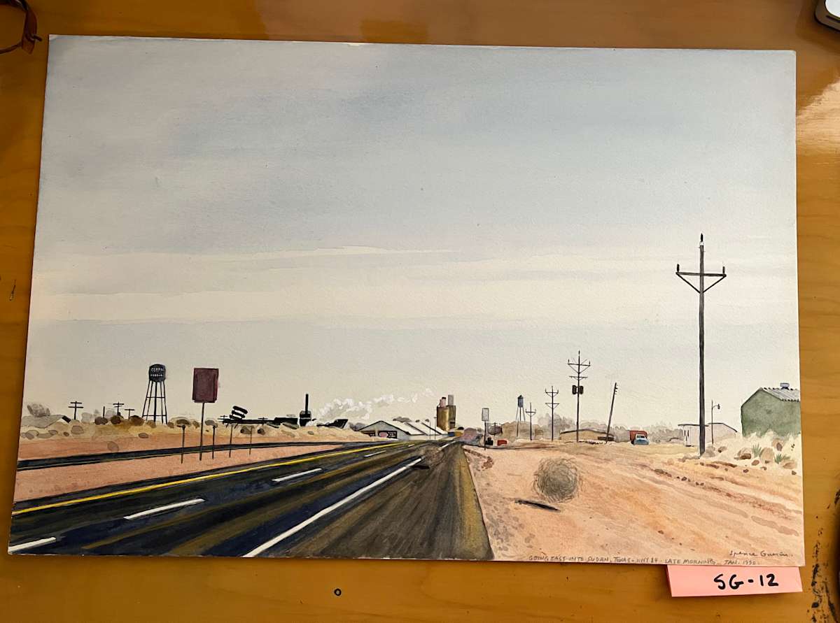 Going East into Sudan, Texas Hwy 84. Late Morning. by Spence Guerin  Image: Going East into Sudan Texas, Hwy 84.  Late morning, Jan. 1990.  Tumbleweed bouncing along in the wind. Art for Aramco World magazine, published Nov.-Dec. 1994.