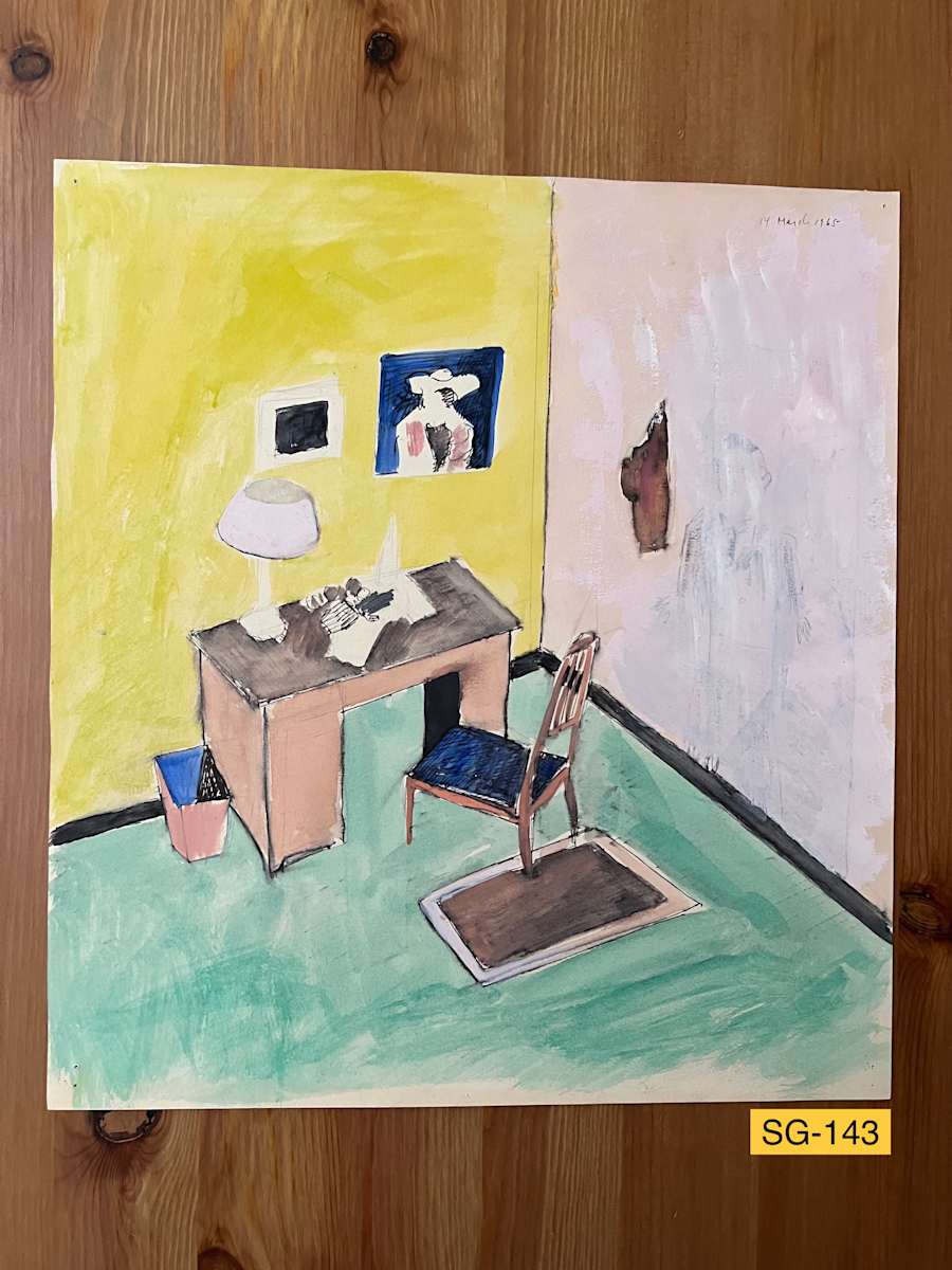 Imaginary Room by Spence Guerin  Image: The image is adapted from the artist's quarters at Fort Knox, Kentucky. Over the desk are two pieces of artwork taped to the wall. This is not a literal depiction of the actual room. 