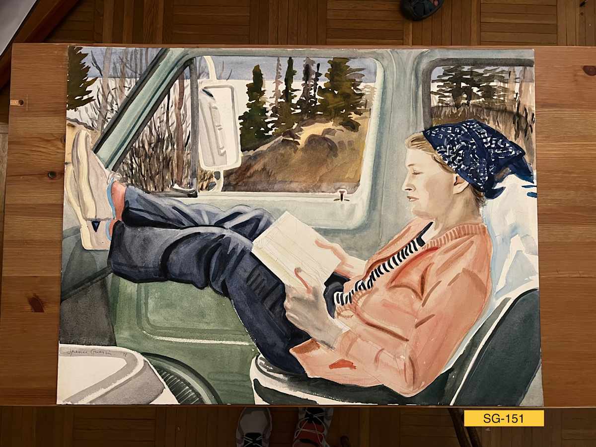 Deborah Reading, Sunday Drive by Spence Guerin  Image: In the 1971 Ford Econoline van, Deborah, the artist's mate and later, wife, reading while they're parked on a Sunday drive south of Anchorage, Alaska.