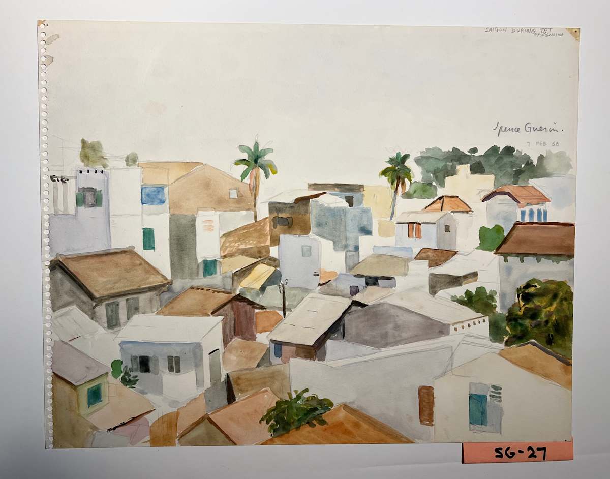 Saigon Neighborhood (During Tet Offensive) - 2 by Spence Guerin  Image: One of four watercolors done from 3rd floor apartment during this time. Certainly looks tranquil and peaceful.