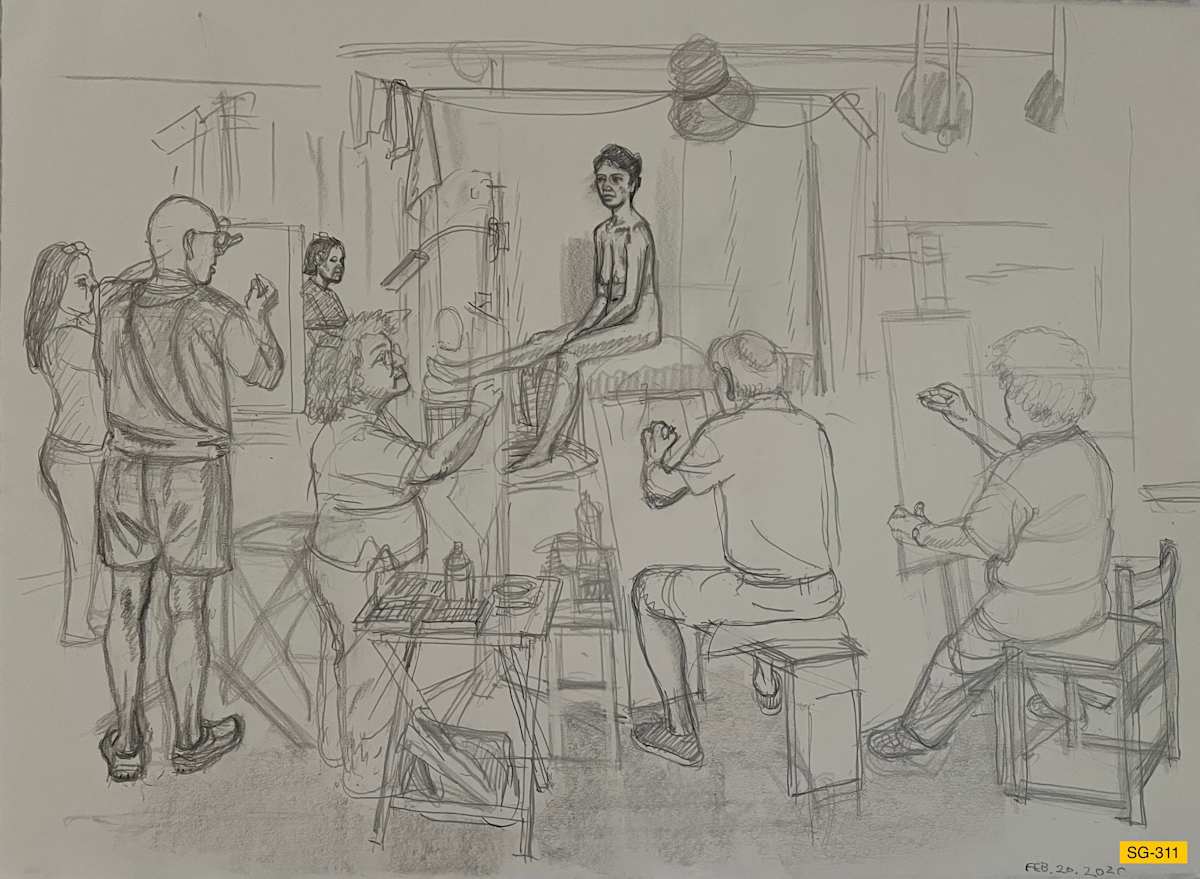 Untitled (Art students drawing a nude female model, narrative) by Spence Guerin 
