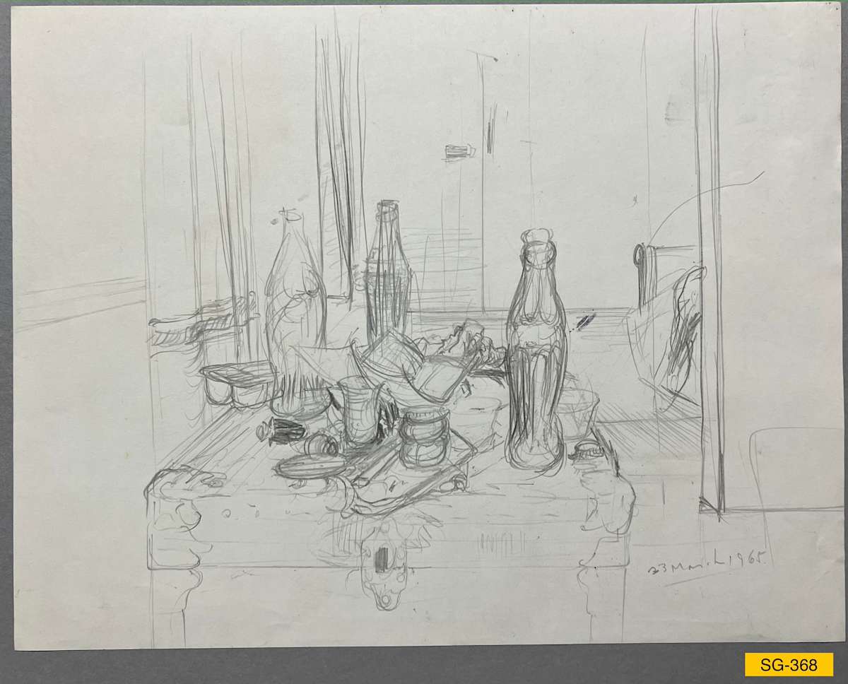 Still Life, Fort Knox BOQ Room by Spence Guerin  Image: In the artist's quarters: Coca-Cola bottles and various food containers and other items associated with carry-out dining in the room, all set up on top of a storage chest, with a background view into the bed room.