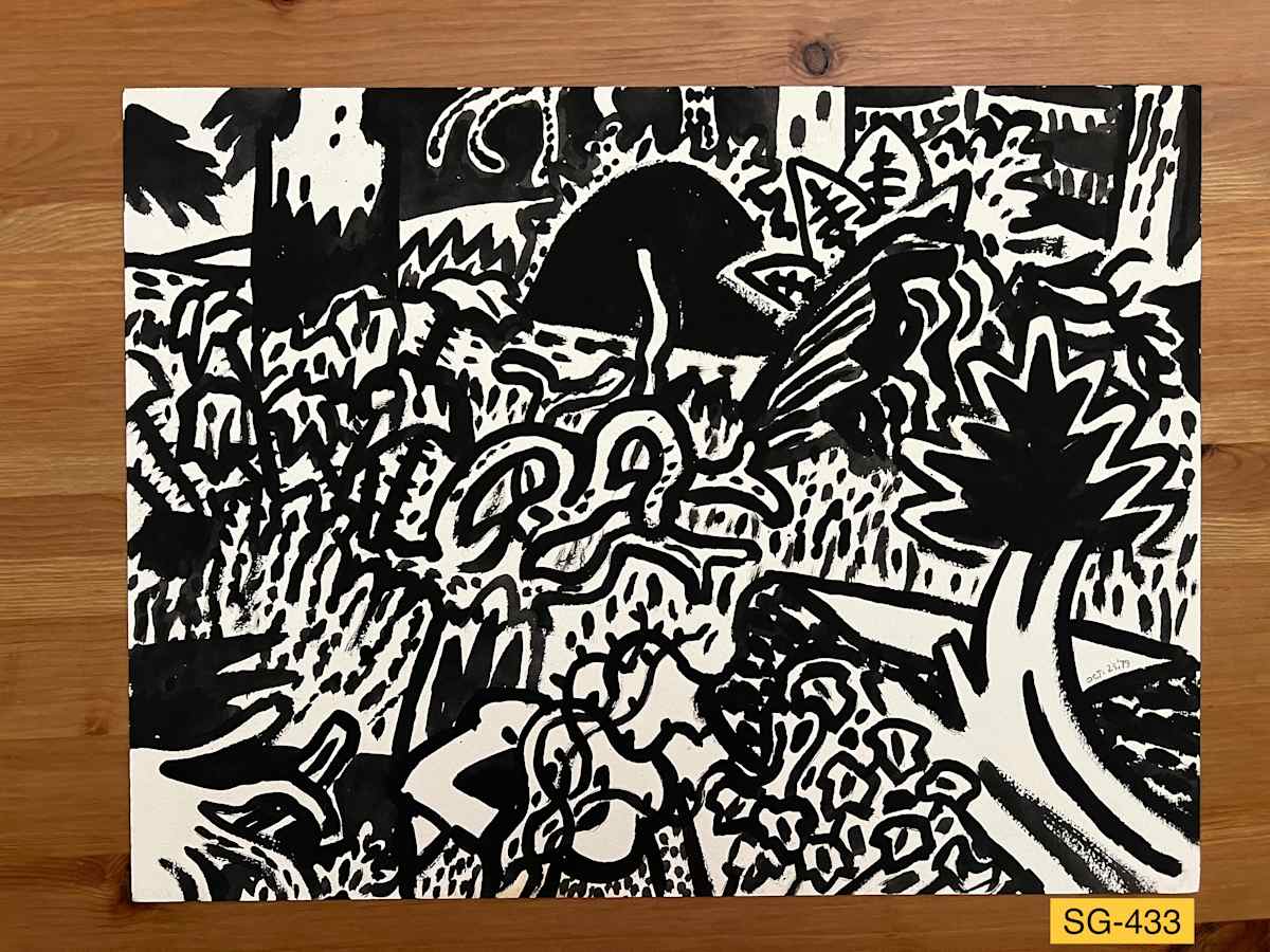 Rowan Bay Logging Camp, Southeast Alaska, study for a woodcut by Spence Guerin 