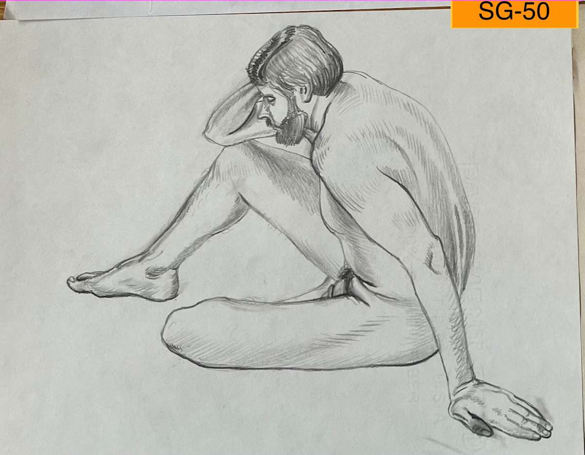 Nude Male Model Seated on the Floor by Spence Guerin  Image: Weekly figure drawing sessions at the Visual Arts Center of Alaska were managed for some years by the Artist. 