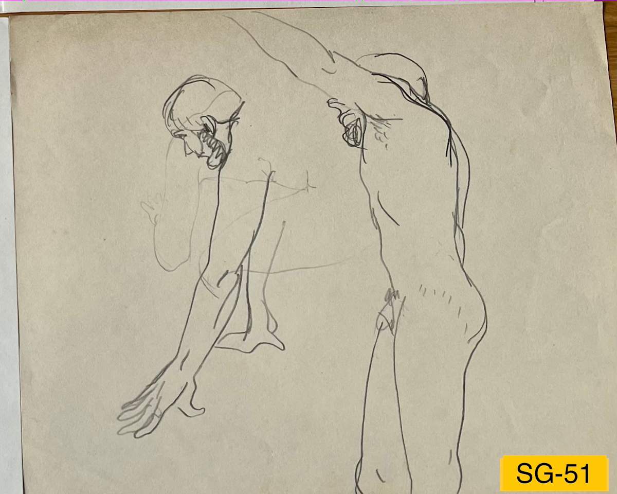 Nude Male Model, Two Quick Sketches by Spence Guerin  Image: A third sketch was erased and drawn over. From weekly figure drawing session managed for years by the Artist at the Visual Arts Center of Alaska.