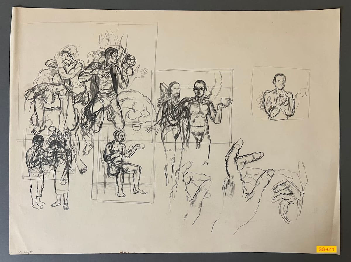 Untitled (Figurative sketches of male and female and hands) by Spence Guerin 