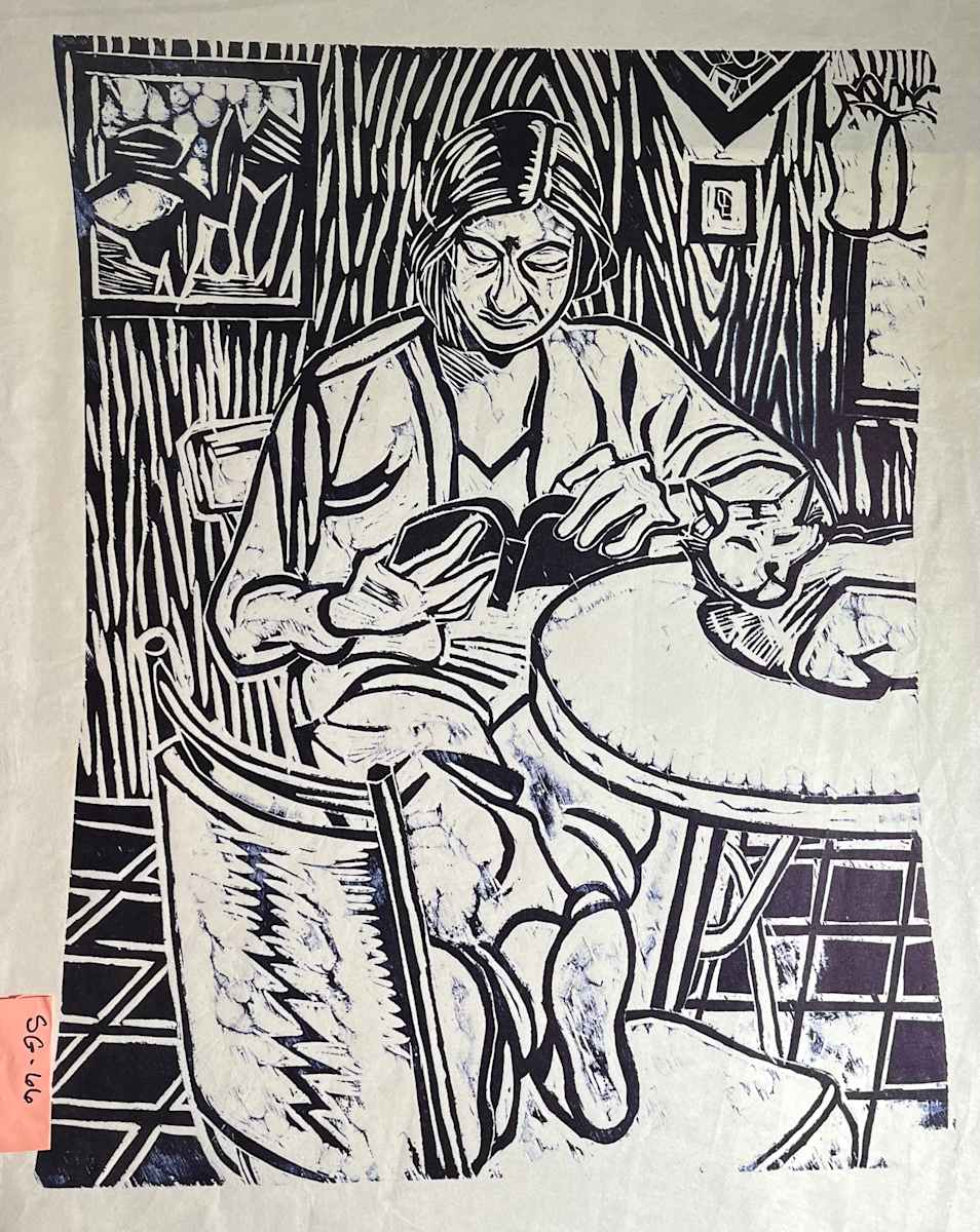 Deborah reading, with cat on the table. by Spence Guerin  Image: Deborah reading at the table, her cat reclined on the table. Woodcut proof, not editioned, image never completed.