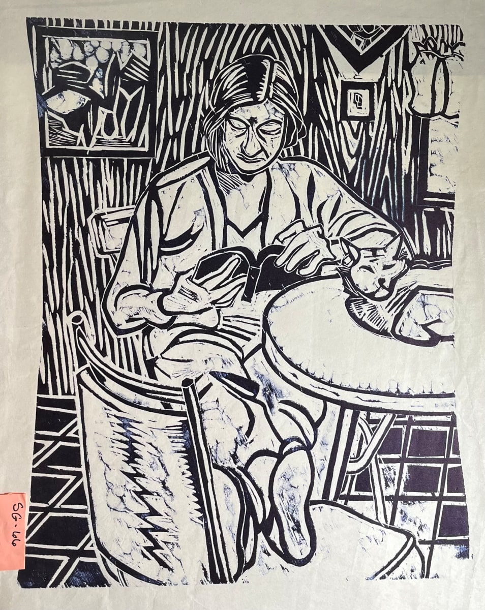 Deborah reading, with cat on the table. by Spence Guerin, Image 1.