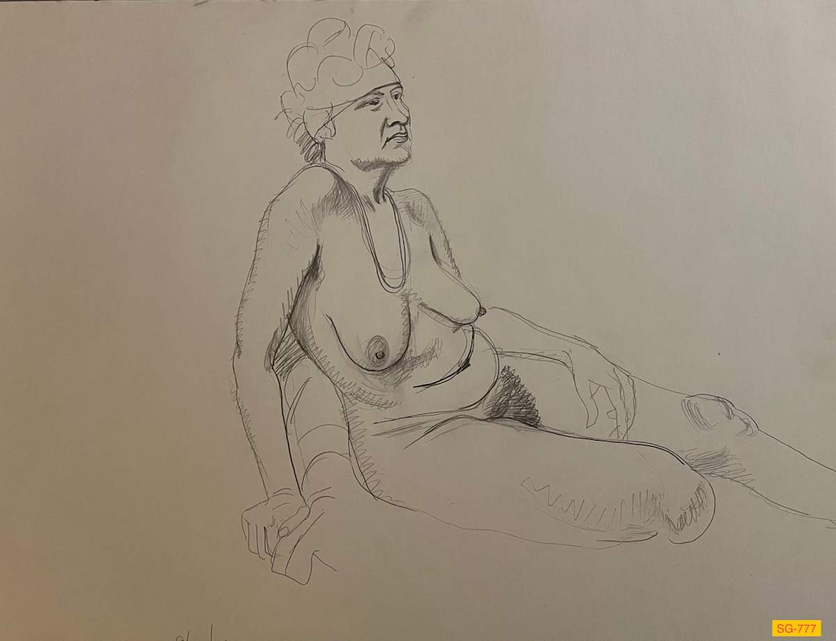 Untitled (Figure Drawing, Female Nude with Bandana, Number 1 of 6) by Spence Guerin  Image: Seated, resting on right arm.