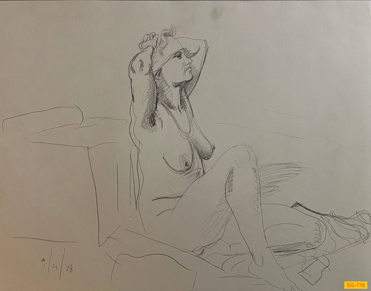 Untitled (Figure Drawing, Female Nude with Bandana, Number 2 of 6) by Spence Guerin  Image: Seated, both hands on top of head.