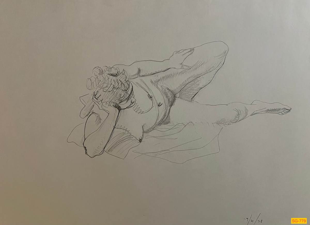 Untitled (Figure Drawing, Female Nude with Bandana, Number 3 of 6) by Spence Guerin  Image: Lying down on right side, head resting against right arm.
