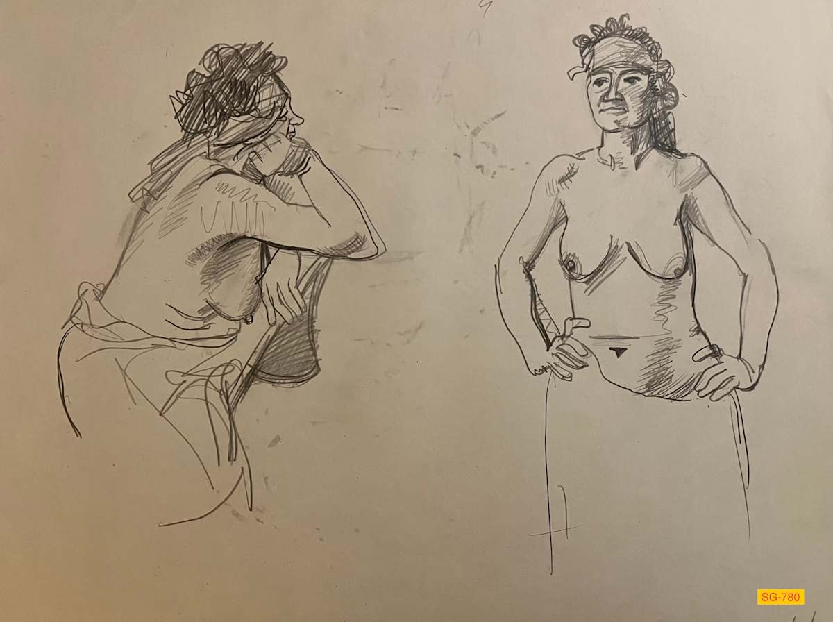 Untitled (Figure Drawing, Female Nude with Bandana, Number 4 of 6) by Spence Guerin  Image: Two figures: one in chair, other standing with hands on hips.