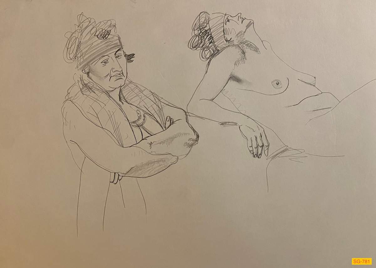 Untitled (Figure Drawing, Female Nude with Bandana, Number 5 of 6) by Spence Guerin  Image: Two figures, one with long scarf, arms across chest, other seated, leaning back.