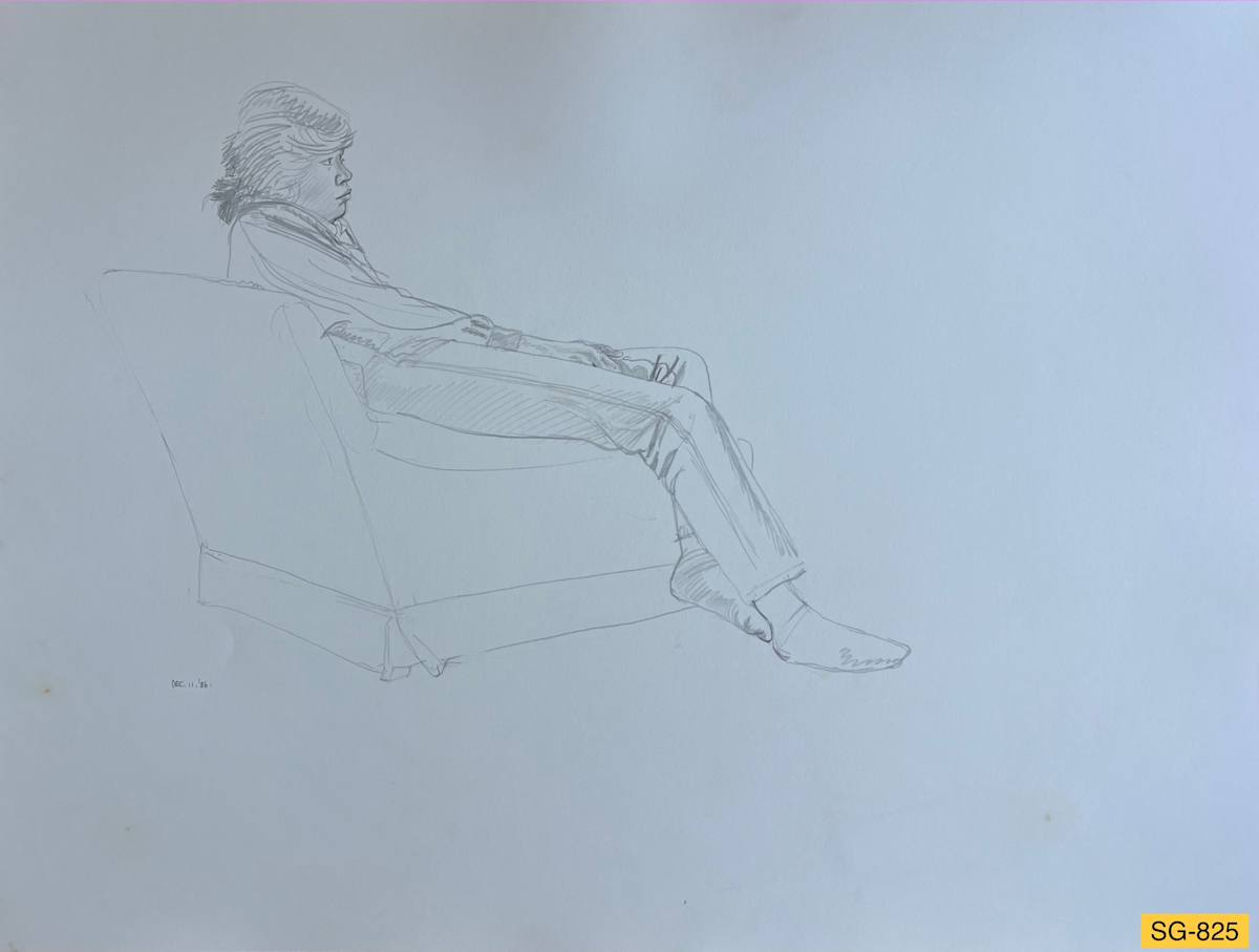 Untitled (Figure drawing, clothed young woman, lying back in a chair) by Spence Guerin 