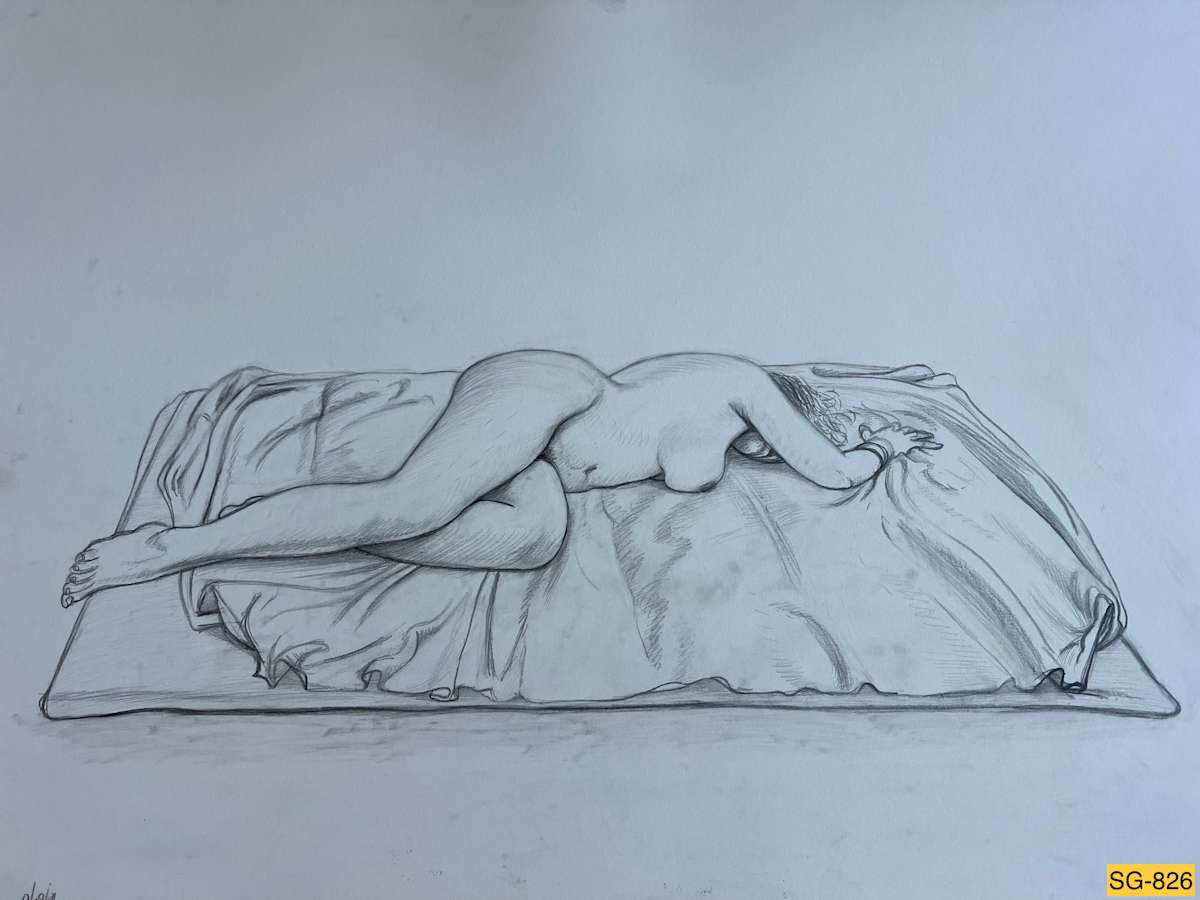 Untitled (Figure drawing nude female model lying down on a pad and blanket) by Spence Guerin 