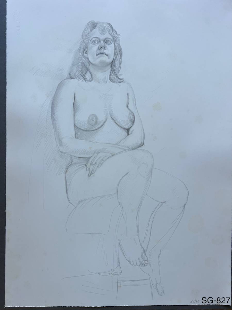 Untitled (Figure drawing, nude female sitting on a stool, back against the wall) by Spence Guerin 