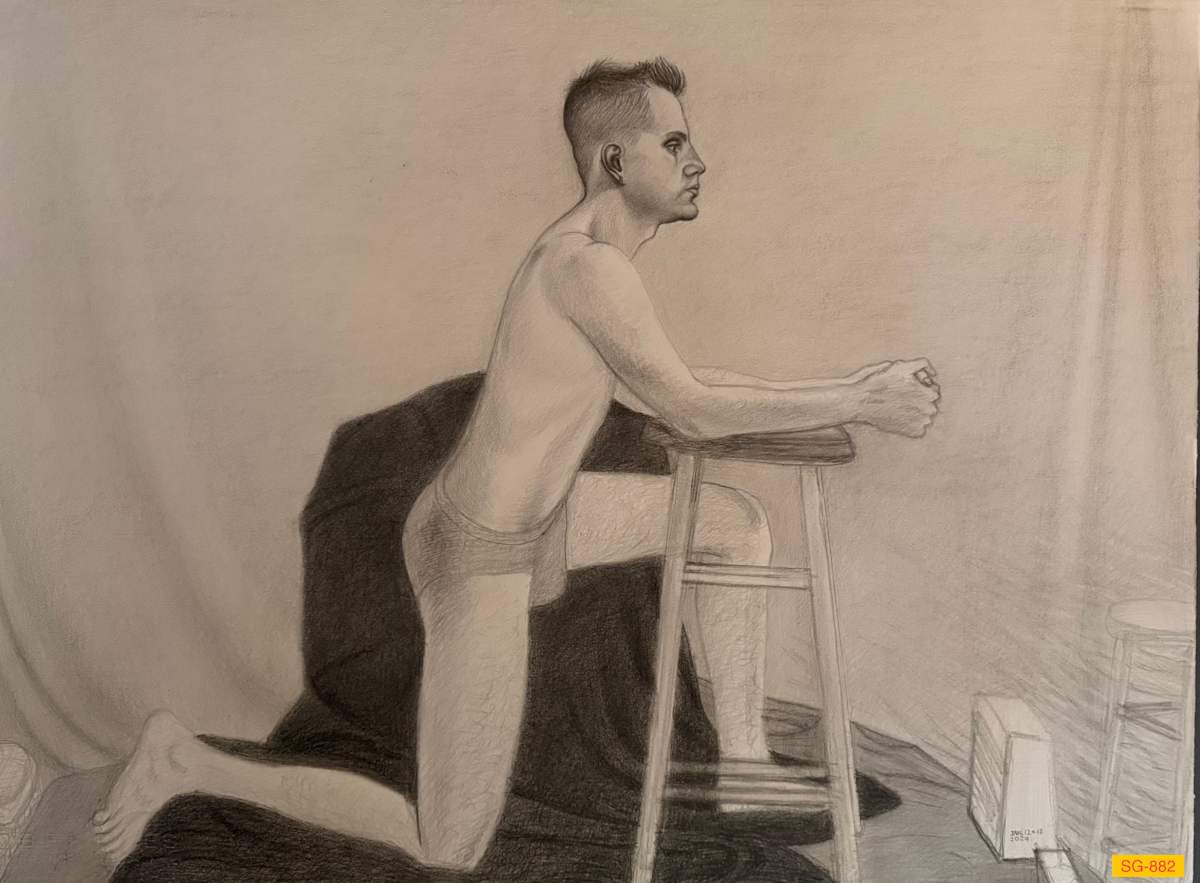Untitled (Figure Drawing, Male Model Kneeling on Right Knee, Leaning Forward, Forearms Resting on Stool) by Spence Guerin 