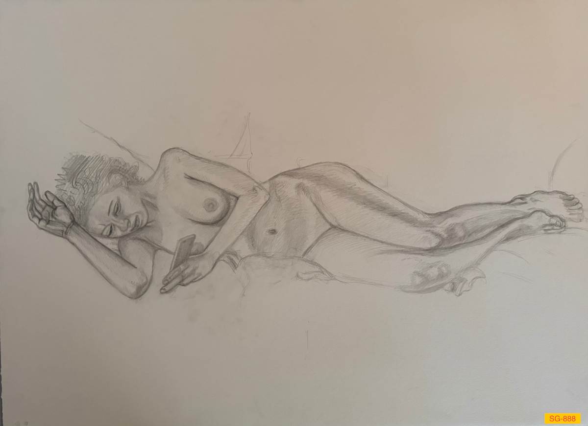 Untitled (Figure Drawing, Young Woman Laying on her Side with a Cell Phone) by Spence Guerin, Image 1.
