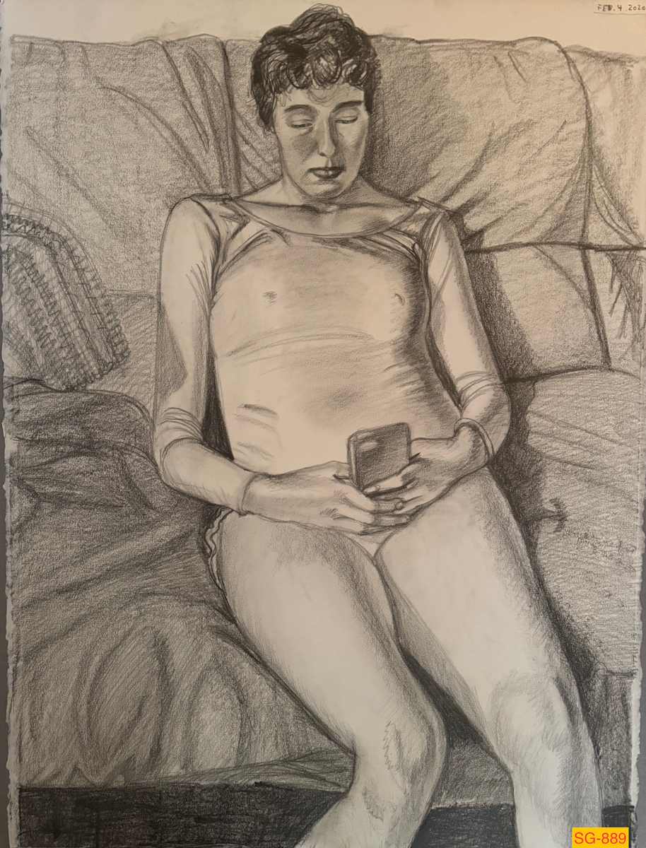 Untitled (Figure Drawing, Female Model Leaning Back on Couch with Cell Phone) by Spence Guerin 