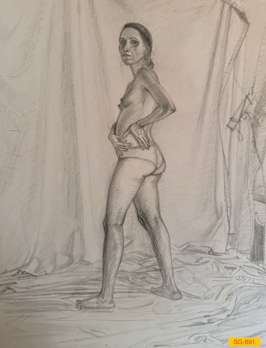 Untitled (Figure Drawing, Female Model, Standing, Body Turned to Look Over Left Shoulder) by Spence Guerin 