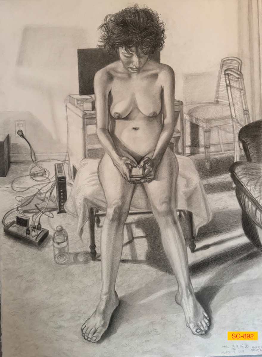 Untitled (Figure Drawing, Nude Young Woman, Seated, Outstretched Legs, Cell Phone, Interior Environment) by Spence Guerin  Image: A sustained effort drawing project from the nude model.