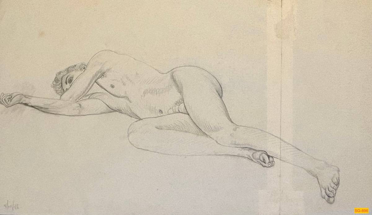 Untitled (Figure drawing, nude male model lying on his side) by Spence Guerin 