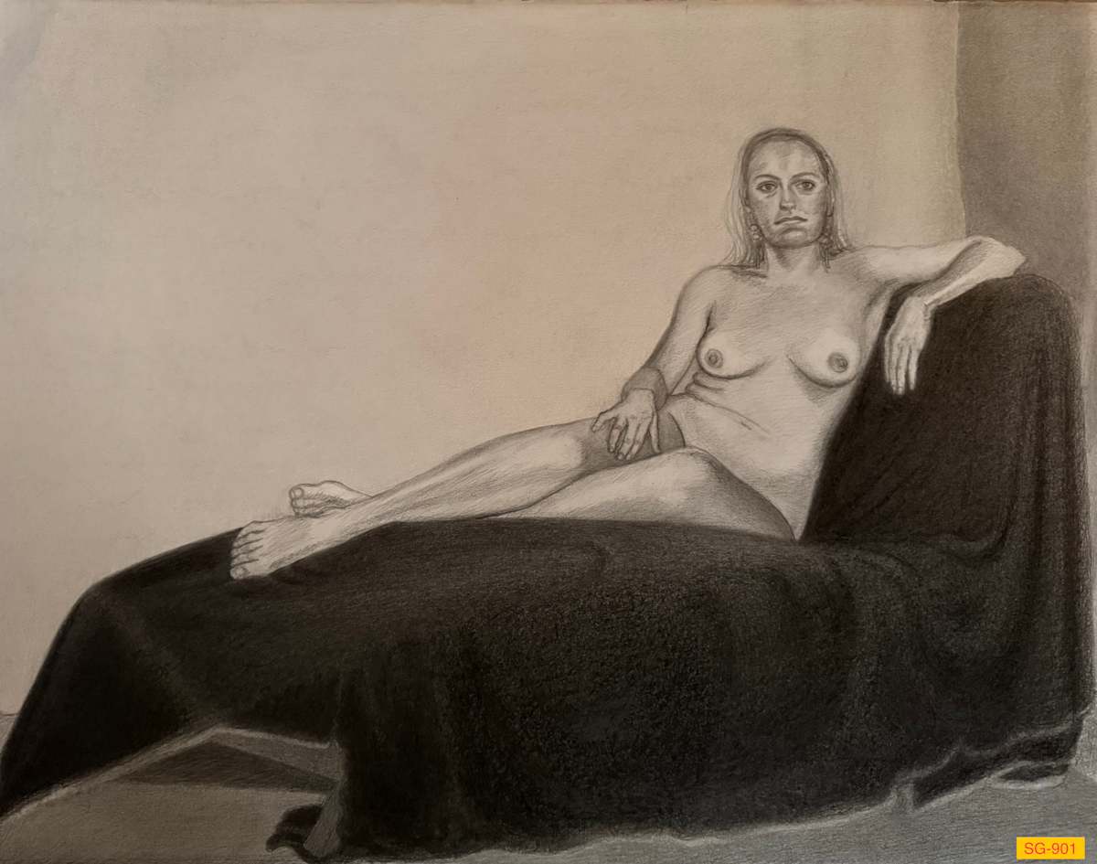 Untitled (Figure Drawing, Female Nude, Reclining on Chaise Lounge, Left Arm Resting on Back of Chaise) by Spence Guerin 