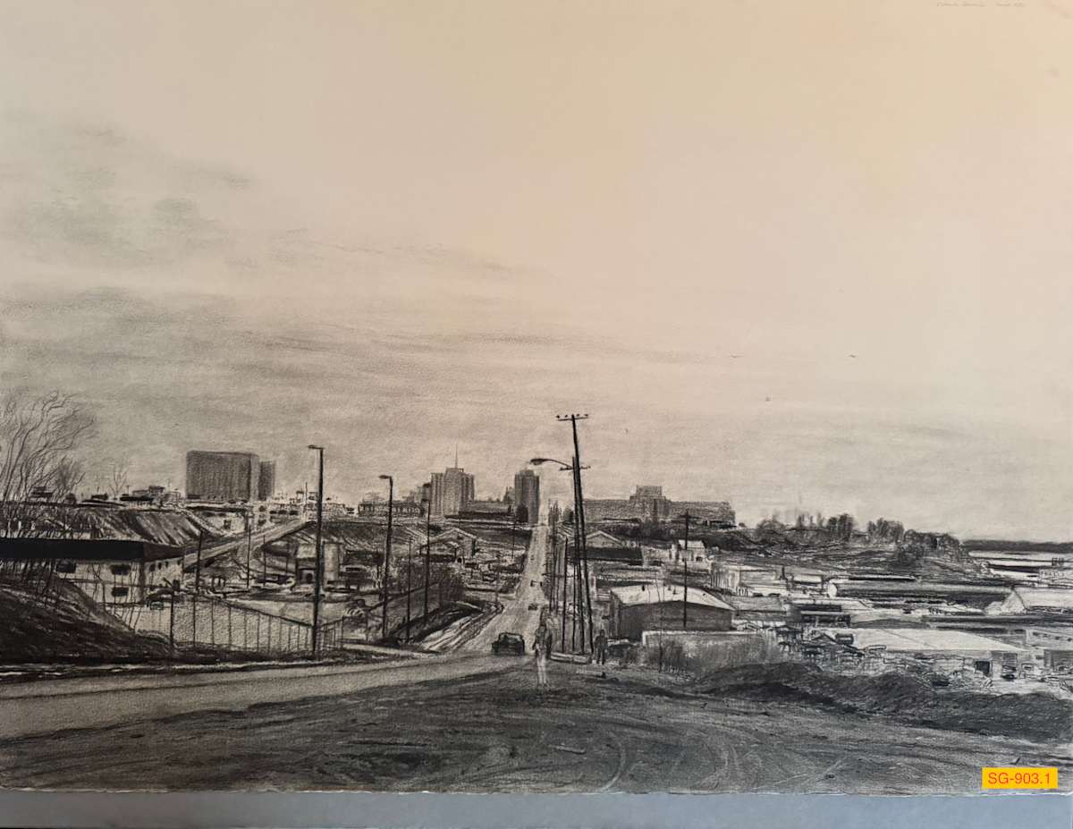 View of Anchorage in 1986, Sheet 1 of 2,  Looking West Up East 3rd Avenue into Downtown by Spence Guerin  Image: This is part 1 of a 2-part drawing, sheet 1 on the left, sheet 2 on the right. Sheet 1 looks westward up East 3rd Avenue into downtown Anchorage. Post Road intersection is down at the bottom of the hill in the foreground. Industrial warehouses and shops are on the right side (north) of 3rd Avenue. The artist's studio was in one of those warehouse buildings off Post Road.