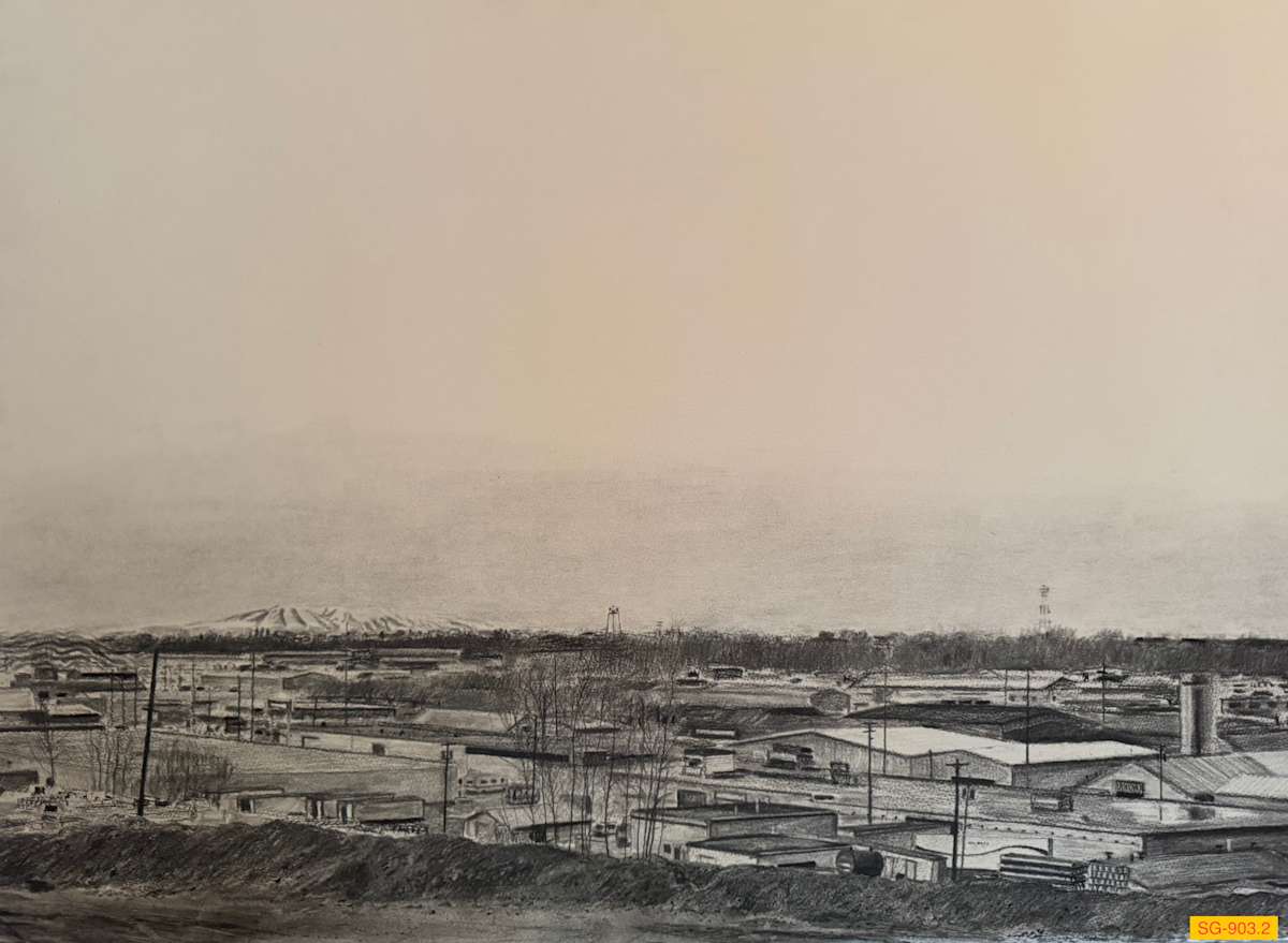 View of Anchorage in 1986, Sheet 2 of 2, with Sleeping Lady Mountain Across Cook Inlet by Spence Guerin  Image: This is part 2 of a 2-part drawing, sheet 1 on the left, sheet 2 on the right. Sheet 2 overlooks a part of the industrial warehouse area along Ship Creek, with Sleeping Lady Mountain seen in distance across the inlet. Along the heavily treed Government Hill ridge at right is a water tank tower and a communications tower associated with the US Air Force base.