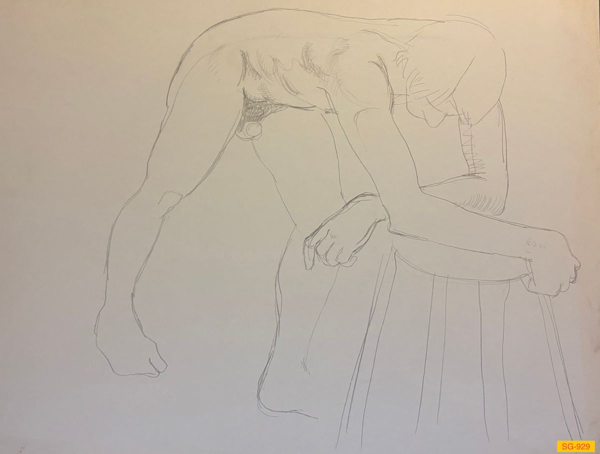 Untitled (figure drawing of nude male model leaning onto wood stool) by Spence Guerin 