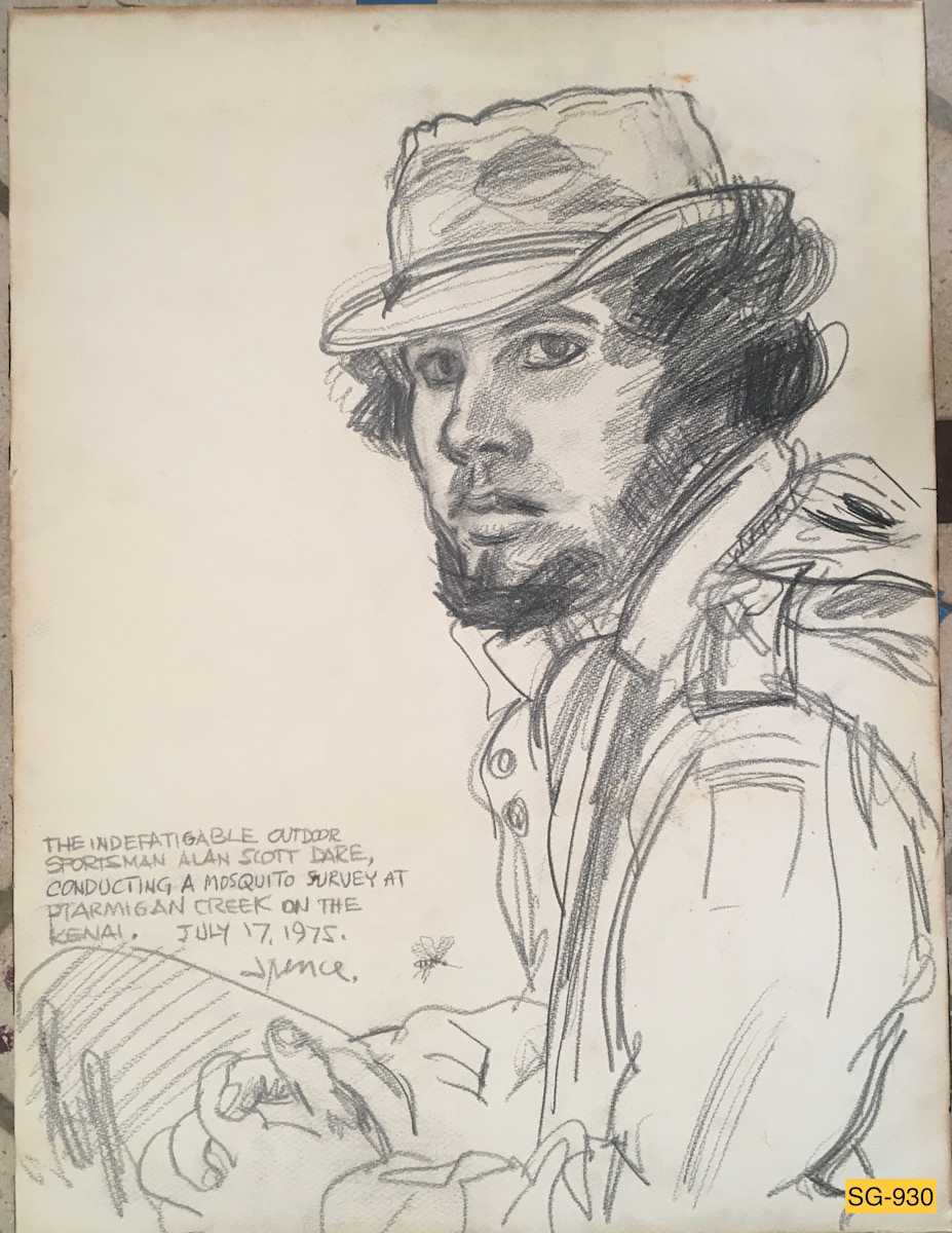 Scott Dare in Alaska, 1975 by Spence Guerin  Image: Scott at Ptarmigan Creek on the Kenai Peninsula south of Anchorage. The mosquitoes were bad, hence the inscription!