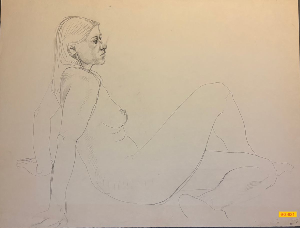 Untitled (figure drawing, female nude sitting on floor, one knee raised) by Spence Guerin 