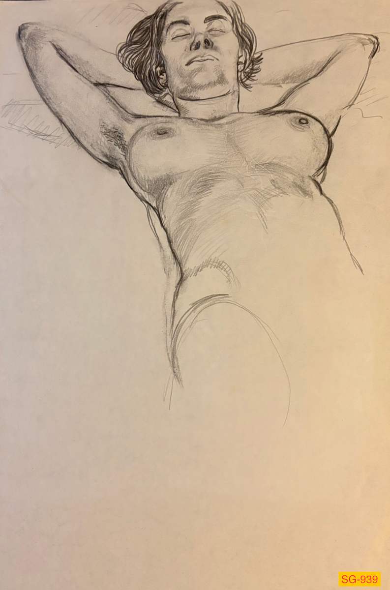 Untitled (Figure drawing, female nude on her back, hands behind her head) by Spence Guerin 