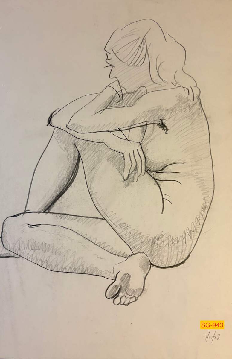 Untitled (Figure drawing, female nude sitting on the floor, raised knee.) by Spence Guerin 
