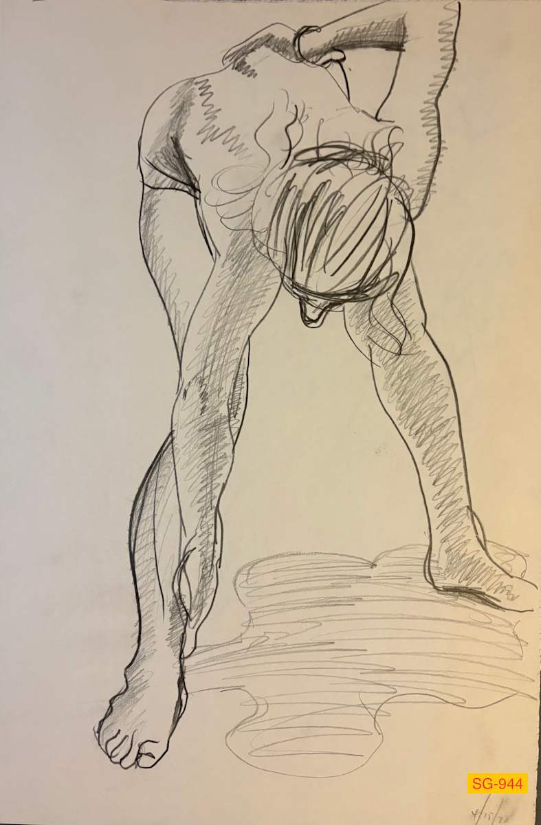 Untitled (Figure drawing, standing female nude, bent down, right hand to inside right ankle) by Spence Guerin 
